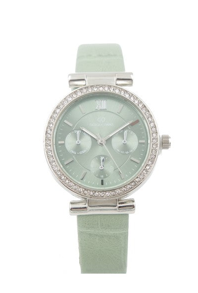 Ladies Diamond Studded Green Dial Leather Strap Watch