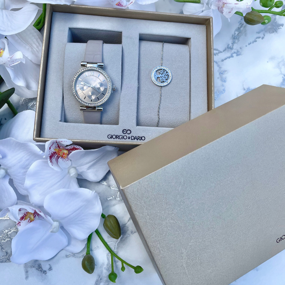 Ladies Grey Faux Leather Diamante Watch & Bracelet Set