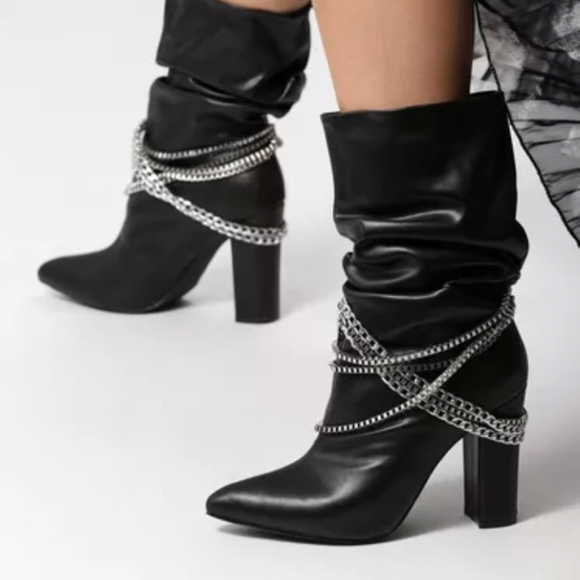 Black slouch boot with silver chain detail