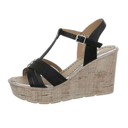 Grace Black Multi Strap Cork Effect T-bar Wedge Sandals