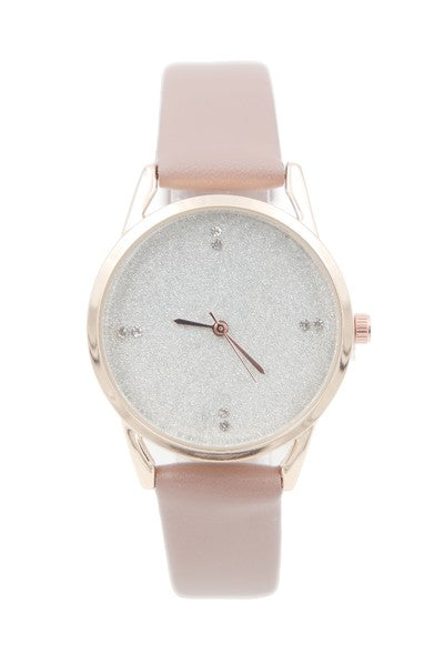 Ladies White Shimmer Dial Beige Leather Strap Watch