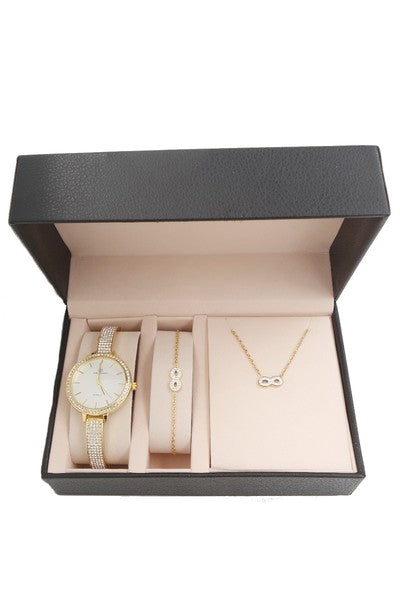 Ladies Diamante & Gold Watch, Bracelet and Necklace Set