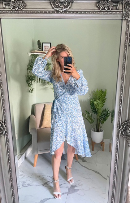 Rachel Blue Long Sleeved Wrap Summer Dress