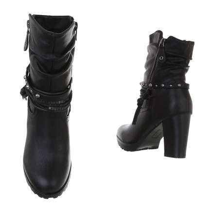 Black leather ankle high heel ladies boots with zip and silvers studs