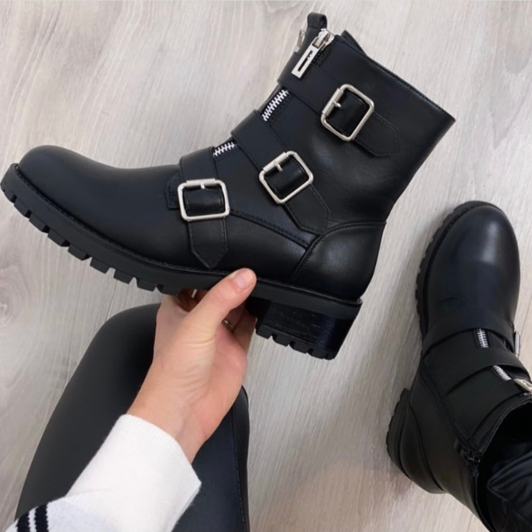 Black biker boot with buckle and zip detail