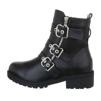 Black ladies biker boots with zip and buckle detail