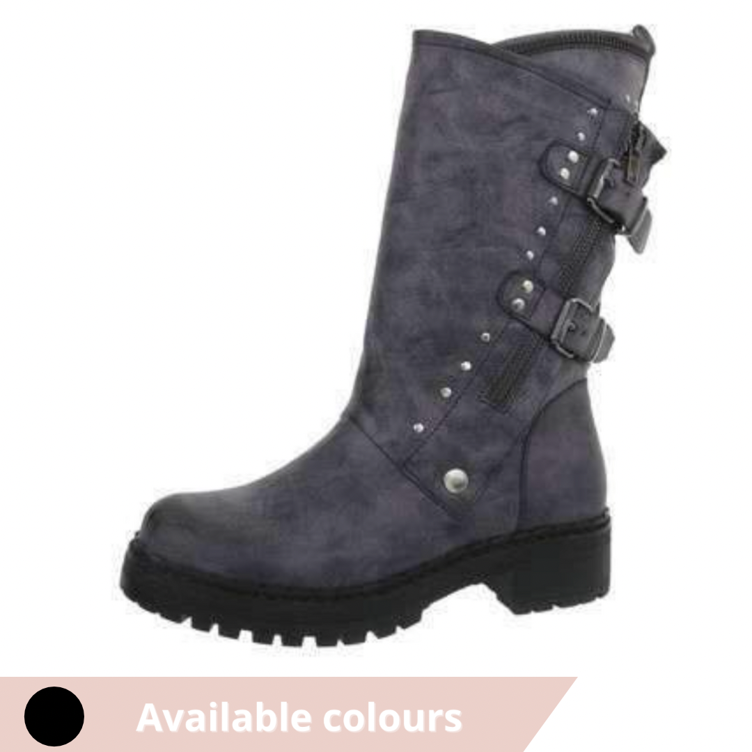 Roxanne Mid Calf Grey Faux Leather Biker Boot