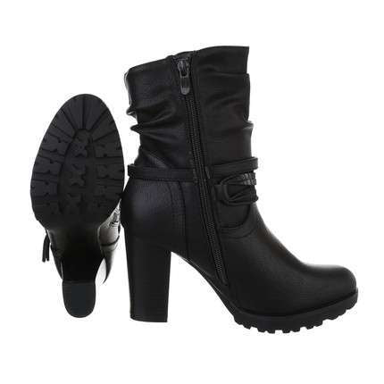 Black leather ankle high heel ladies boots with zip and silvers studs