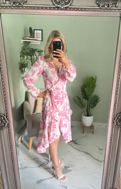 Rachel Pink Long Sleeved Wrap Summer Dress