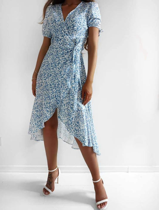 Rachel Blue Short Sleeved Wrap Summer Dress