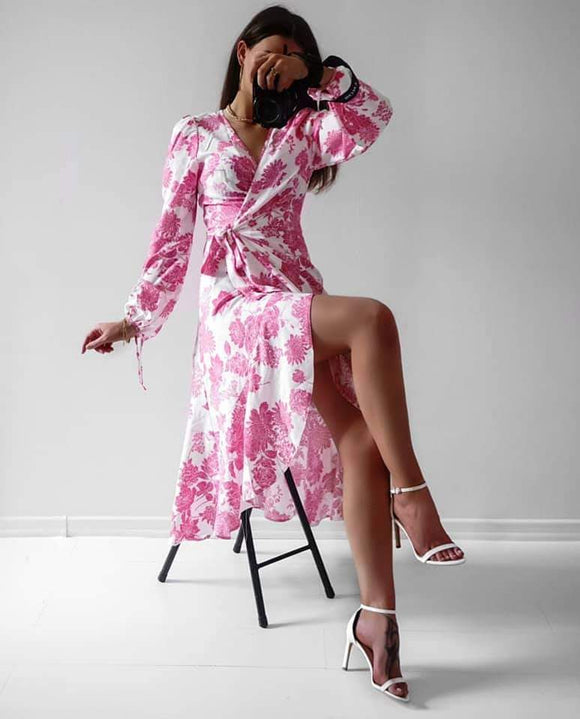 Rachel Pink Long Sleeved Wrap Summer Dress