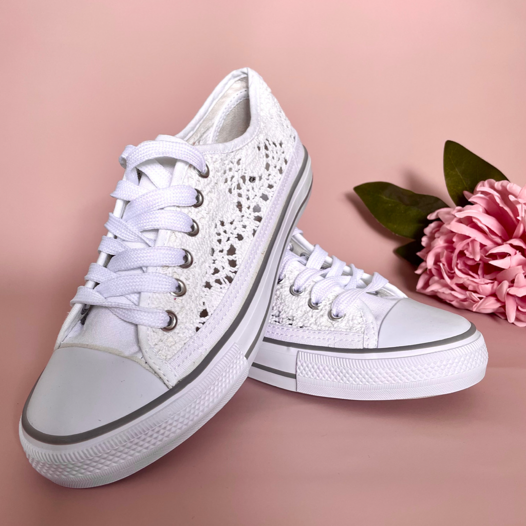 Nia White Lace Canvas Trainers