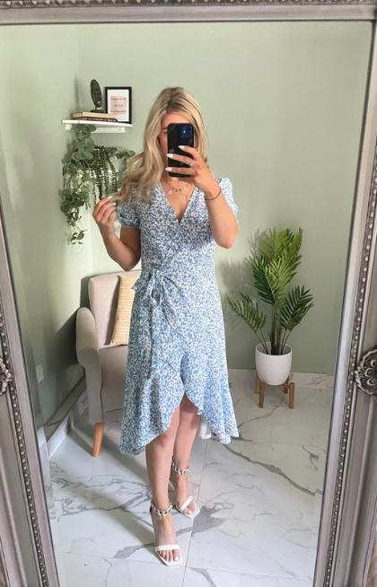 Rachel Blue Short Sleeved Wrap Summer Dress