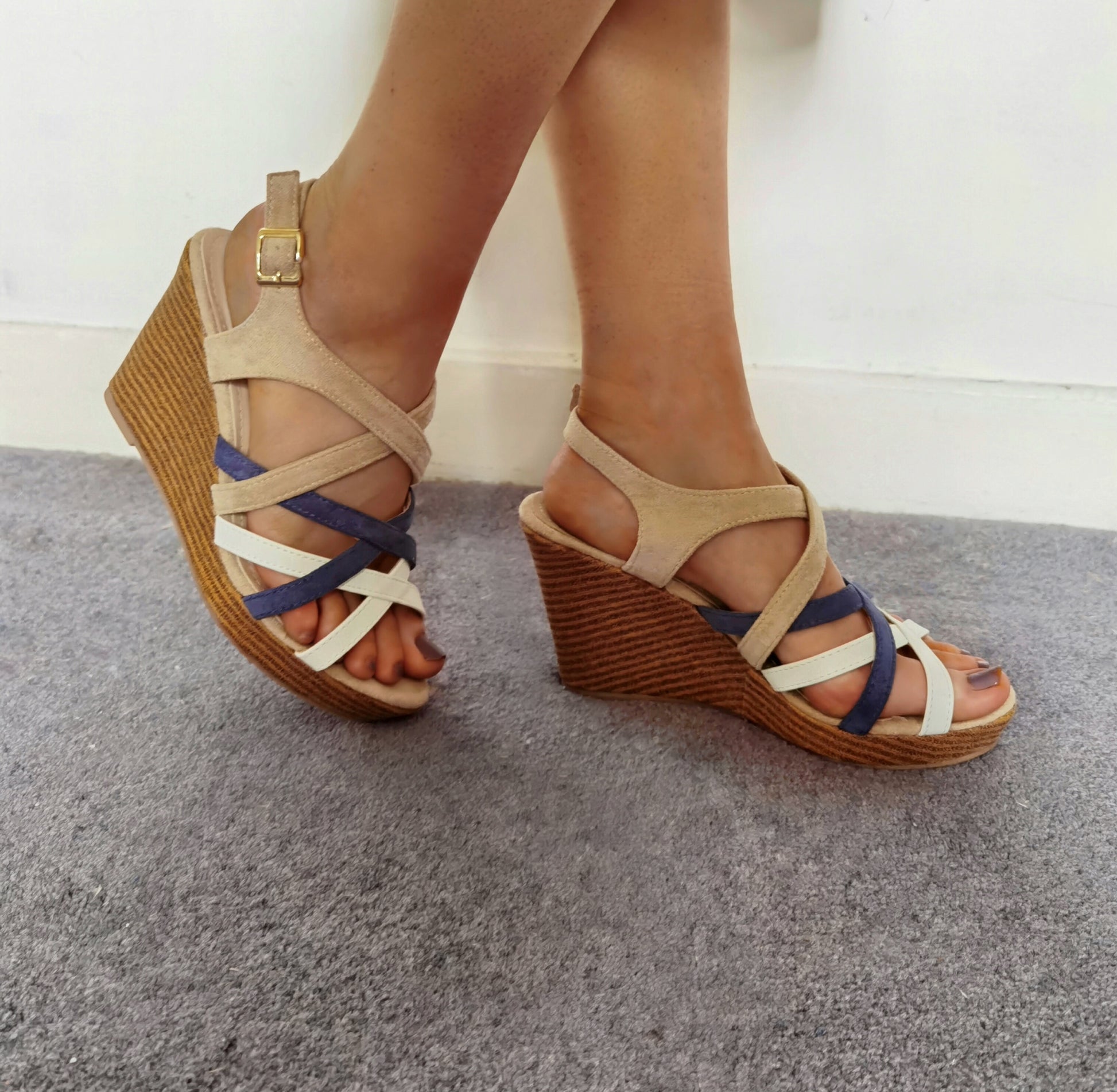 Lisa Blue,Beige & White Strap Wedge Sandal