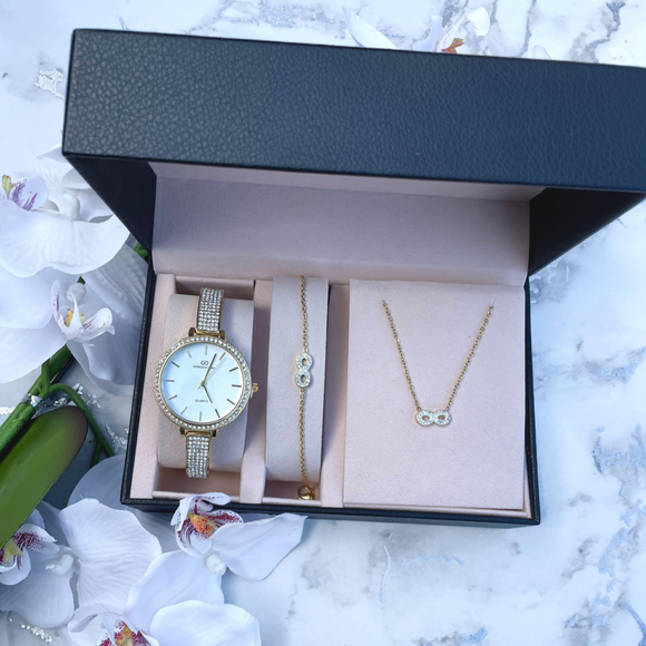 Ladies Diamante & Gold Watch, Bracelet and Necklace Set