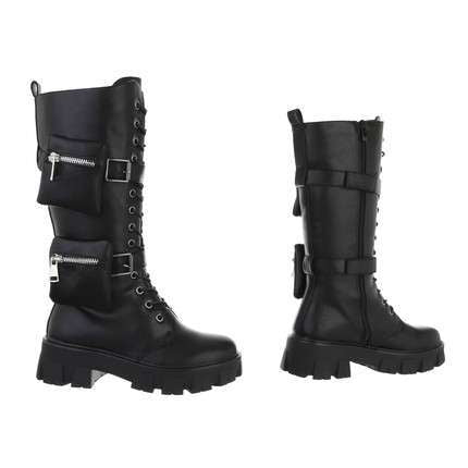 Nova Mid Calf Black Faux Leather Biker Boot With Pouch