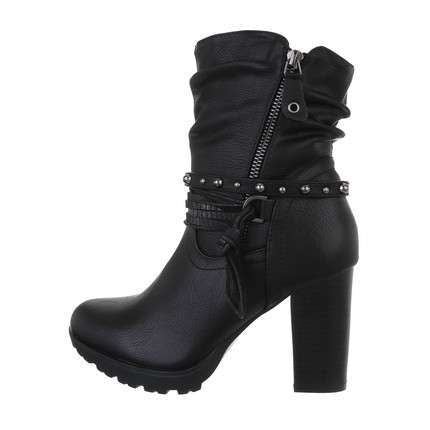 Black leather ankle high heel ladies boots with zip and silvers studs